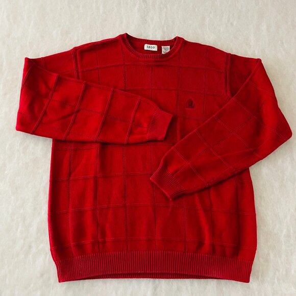 Vintage Izod Mens Red Textured Grid Knit Crewneck Pullover Sweater Size Large - Picture 1 of 8